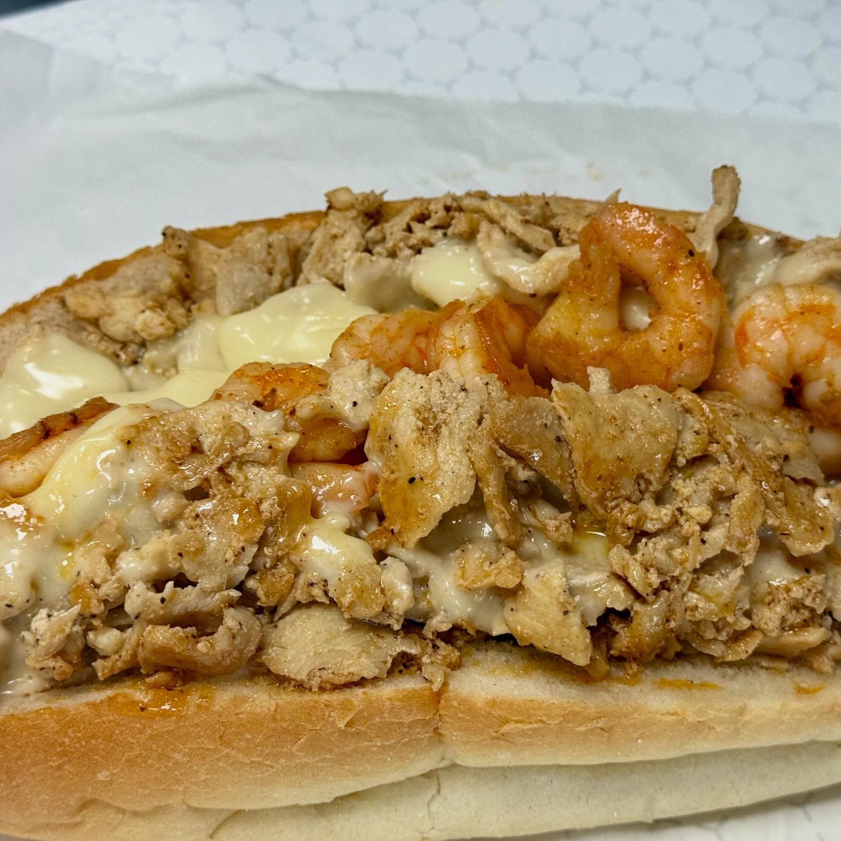 Shrimp & Chicken Cheesesteak Sub.