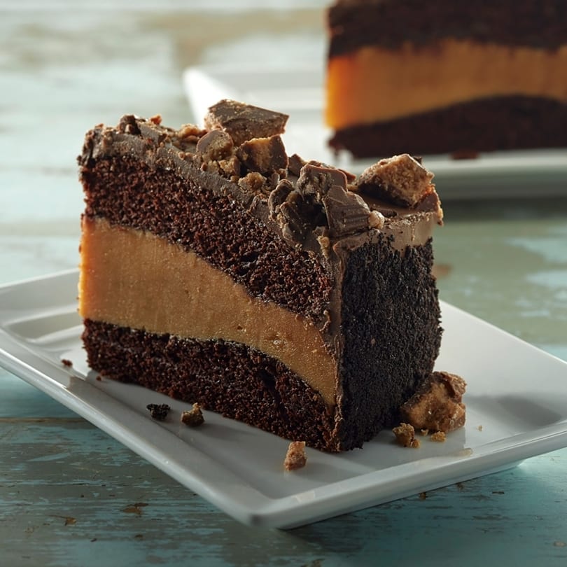 A slice of chocolate cake with peanut butter filling and chocolate candy crumbles on a white plate.