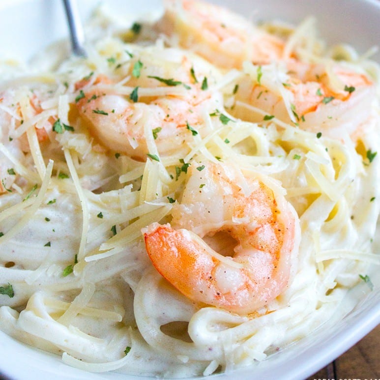 Fettuccine Alfredo with Shrimp Pasta.