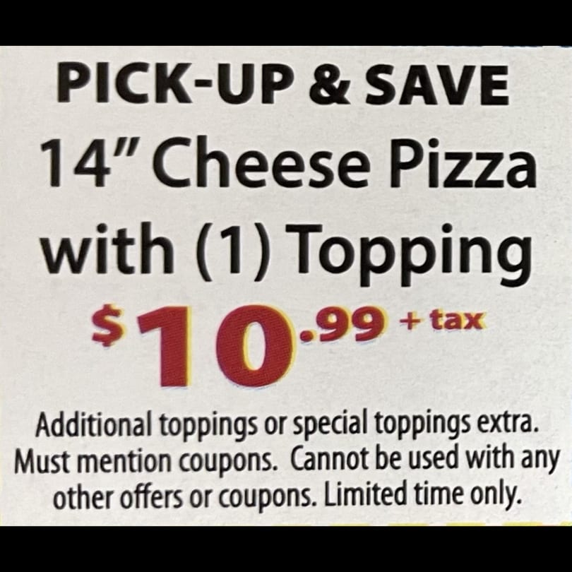 Philly's Best Pizza & Subs coupon for a 14-inch cheese pizza with one topping for $10.99.