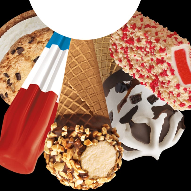 Assortment of ice cream treats including a cookie sandwich, bomb pop, waffle cones, and bars.