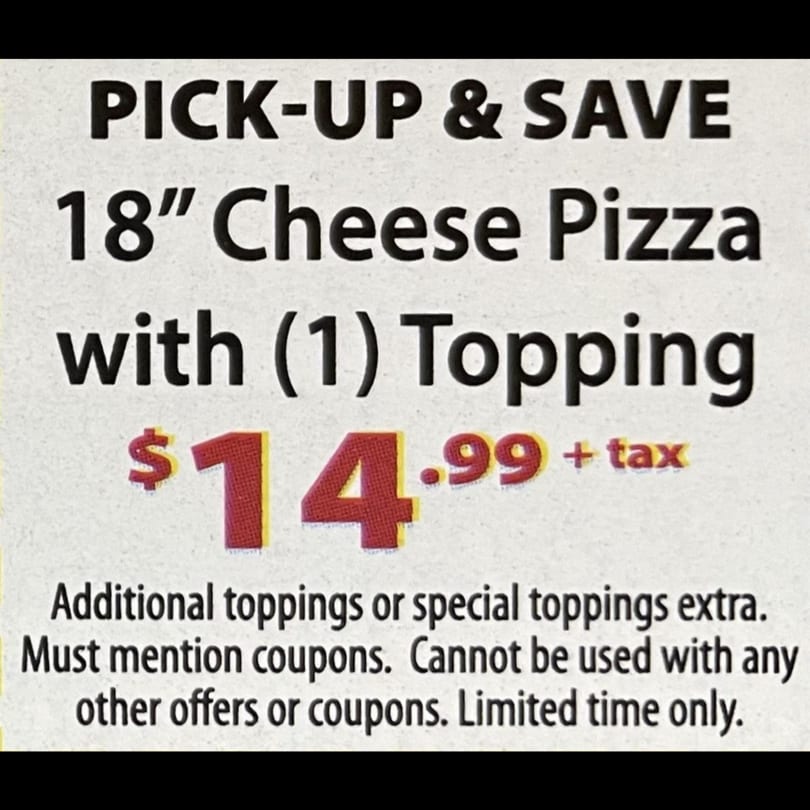 A coupon for Philly's Best Pizza & Subs offering an 18-inch cheese pizza with one topping for $14.99.