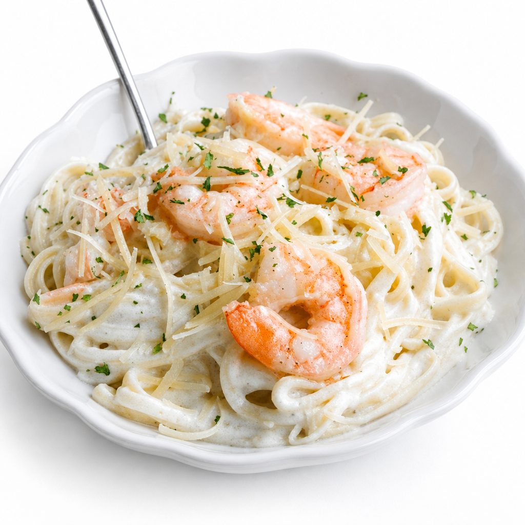 Fettuccine Alfredo with Shrimp Pasta.